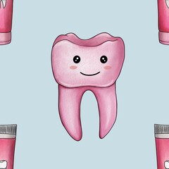 Seamless Pattern Pink Kawaii Tooth and Toothpaste Big Design on Pastel Blue Background