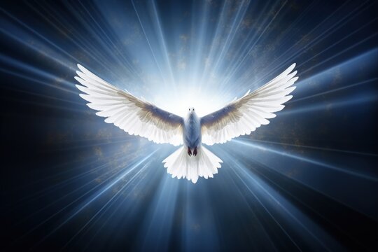 Holy Spirit Dove in Awe of God's Light. Easter Background with Bible Beam and Faith in Heaven