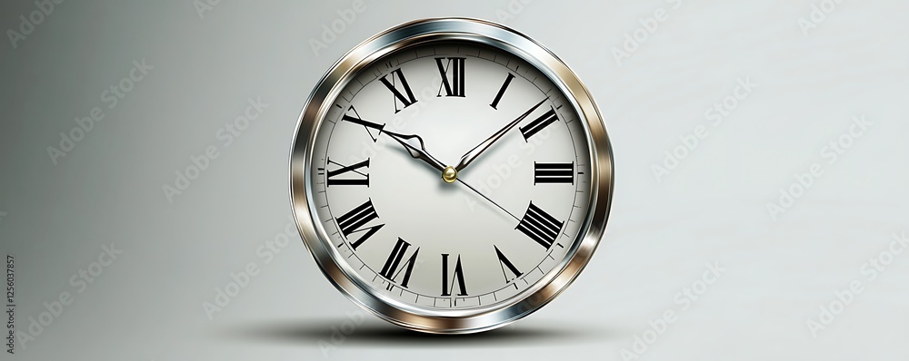 Poster a detailed vector clock icon with metallic reflections on a solid light gray background