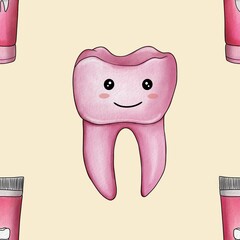 Seamless Pattern Pink Kawaii Tooth and Toothpaste Big Design on Pastel Yellow Background