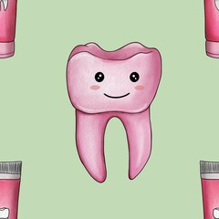 Seamless Pattern Pink Kawaii Tooth and Toothpaste Big Design on Pastel Green Background