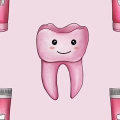 Seamless Pattern Pink Kawaii Tooth and Toothpaste Big Design on Pastel Pink Background