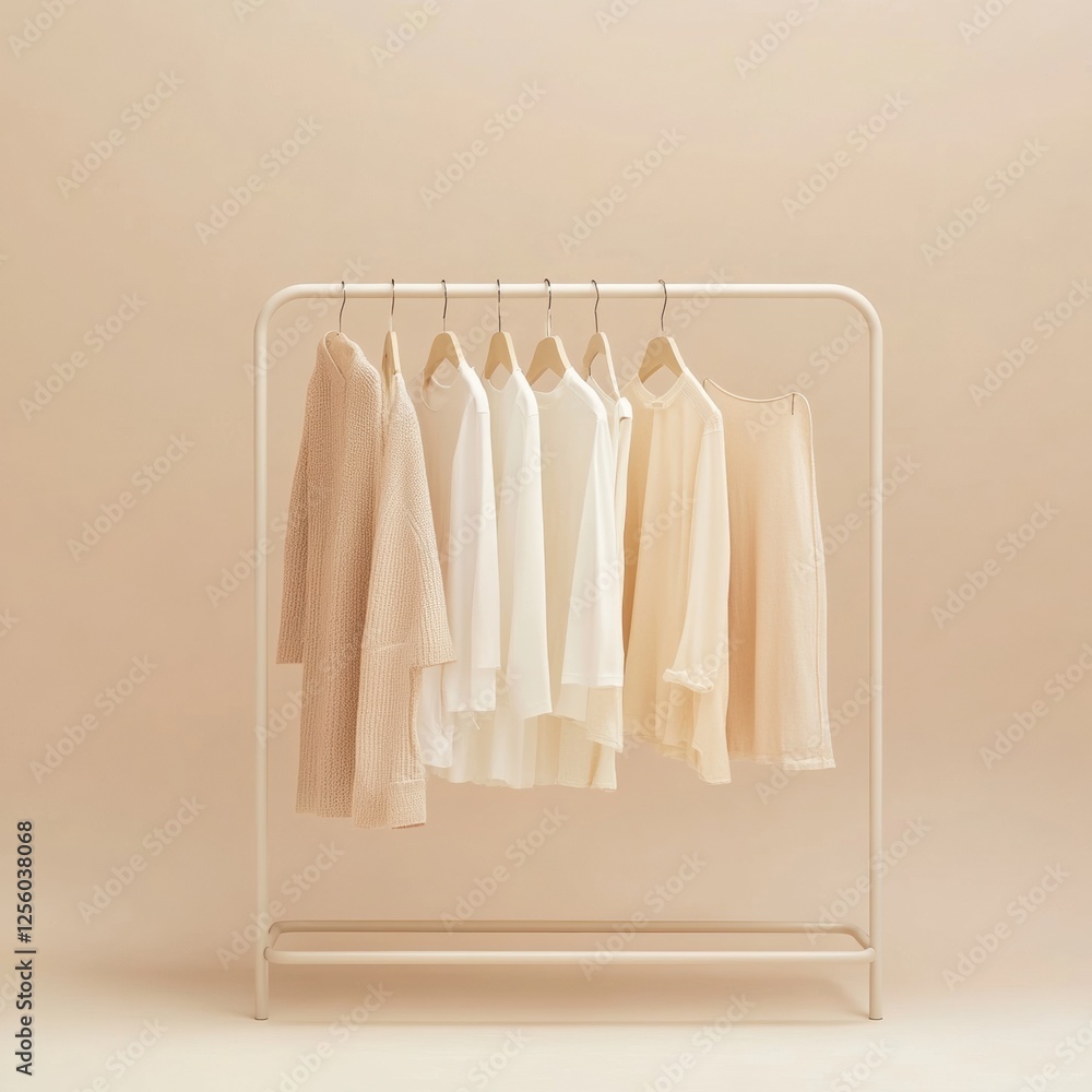 Poster Minimalist clothing rack featuring neatly arranged garments in soft neutral tones for a stylish and organized display. Generative AI