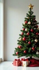Christmas tree with ornaments in a minimalist space, elegant, decoration, chic