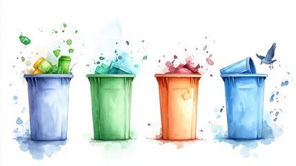 Vibrant watercolor trash cans, a colorful depiction of waste disposal and recycling for ecoconscious initiatives
