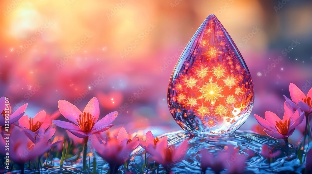 Poster captivating glowing water drop with intricate fractal patterns against soft blurred backdrop