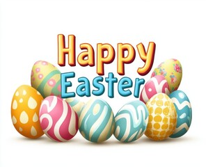 Colorful, happy Easter eggs with the text "Happy Easter" on a white background, in a cartoon style vector illustration for greeting card design.