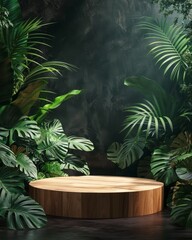 Round wooden pedestal podium surrounded by lush tropical plants, set against a dark textured background with soft lighting. Perfect for product display or branding