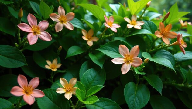 Cissus quadrangularis flowers blooming among lush greenery in a garden oasis, vine, floral, leafy