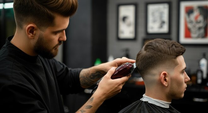 Male barber giving haircut to client in modern shop