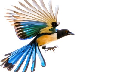 A magpie flying in the air, against a white background