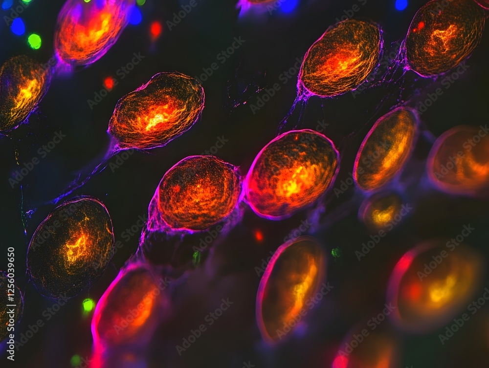 Poster vibrant microscopic image of colorful cells on a dark background