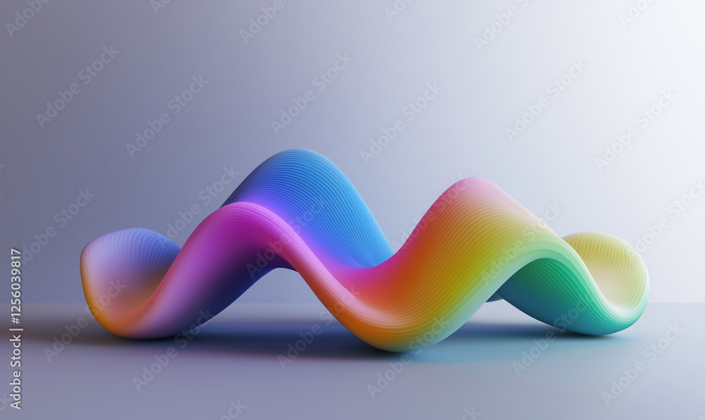 Poster colorful wave-like structure with a smooth gradient, set against a textured background.