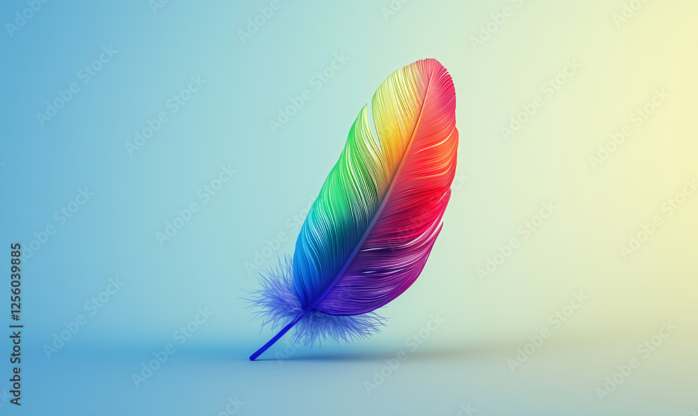 Poster colorful feather with a gradient design on a soft background, showcasing creativity and artistic fla