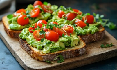 Two slices of toasted bread topped with avocado, cherry tomatoes, and microgreens, on wooden board