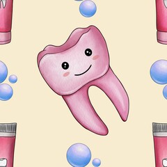 Seamless Pattern Pink Kawaii Tooth and Toothpaste with Bubble Big Design on Pastel Yellow Background