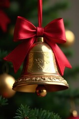 Ornate gold bell, vibrant red bow Festive Christmas decoration , traditional, gift