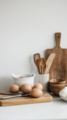A charming arrangement of kitchen utensils and fresh cooking ingredients sets the mood for culinary creativity. Wooden spoons, bowls, and eggs await their transformation into a delightful dish