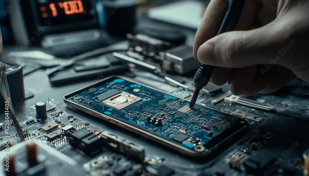 Poster close up of technician fixing smartphone motherboard with precision tools in a professional setting