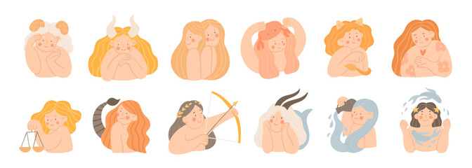 Zodiac signs. Cartoon vector illustrations in flat style. Beautiful women. Astrology symbols.