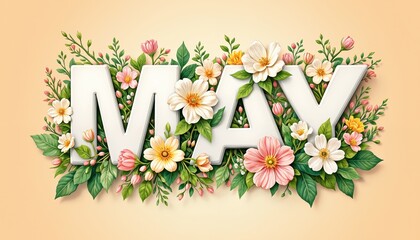 May typography with colorful floral arrangement on orange background. 3D text design with flowers and leaves. Springtime season and nature concept for greeting card, poster, and wallpaper.