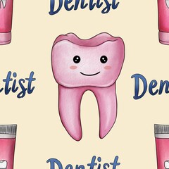 Seamless Pattern Pink Kawaii Tooth and Toothpaste with Text Dentist Big Design on Pastel Yellow Background