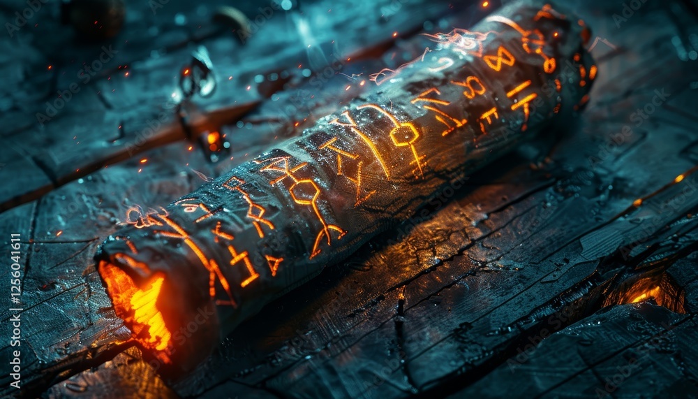 Aufkleber close up of an ancient scroll with glowing runes illuminated by firelight on a wooden table