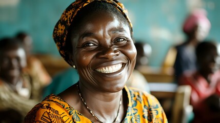 Portrait of a smiling African woman with a cheerful confident and radiant expression on her face  She has a beautiful natural skin tone and is looking directly at the with a warm friendly smile