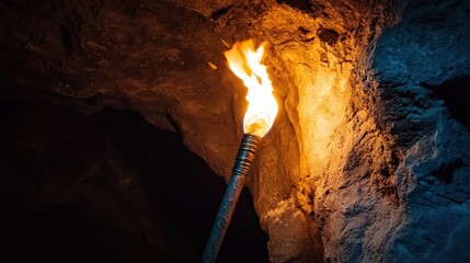 Illuminating the Cave's Depths: A Torch's Fiery Glow in the Darkness