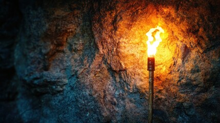 Illuminated Cave: A Torch's Fiery Glow Against Ancient Stone