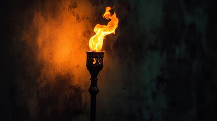 Burning Torch Against Dark Wall: A Fiery Still Life