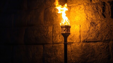 Ancient Torchlight Illuminates Stone Wall
