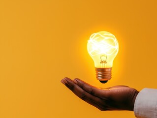 A glowing light bulb hovers above a hand against a vibrant yellow background, symbolizing ideas and innovation.