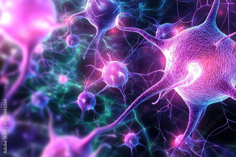 Poster a vibrant depiction of neurons, showcasing their intricate connections and glowing structures, illus
