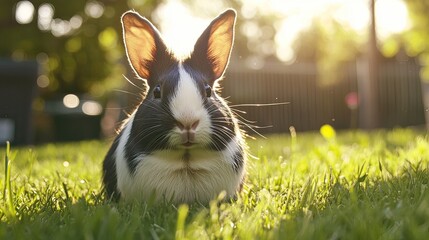 Fototapeta premium Black-white bunny sits in sunny garden, backyard bokeh