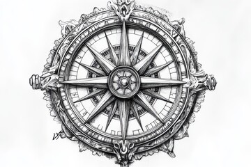Intricate Hand-Drawn Compass Design with Decorative Elements and Vintage Style for Nautical Themes