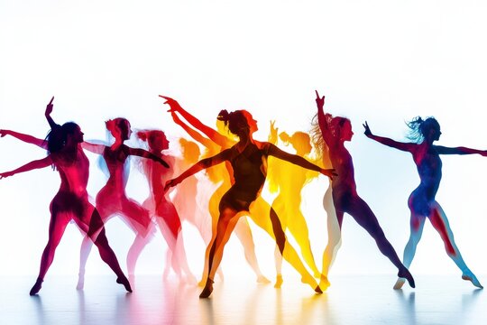 Dynamic silhouettes of dancers showcasing vibrant movements against a clean white background. Generative AI