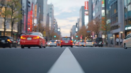 A bustling city street scene featuring cars, colorful signage, and a vibrant urban atmosphere during twilight.