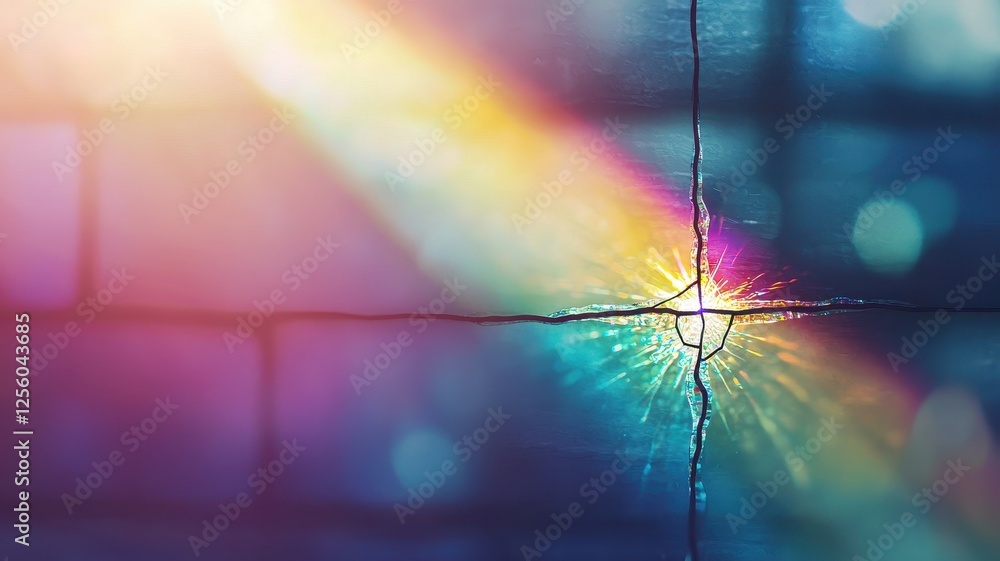 Poster a vibrant spectrum of light shines through a crack, creating a colorful reflection on a textured sur