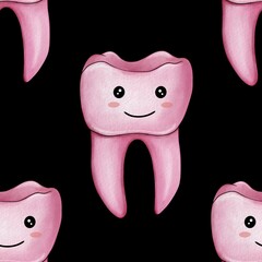 Seamless Pattern Pink Kawaii Tooth Big Design on Black Background