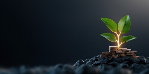 financial success freedom mindset concept. Growing plant emerging from coins on dark background.