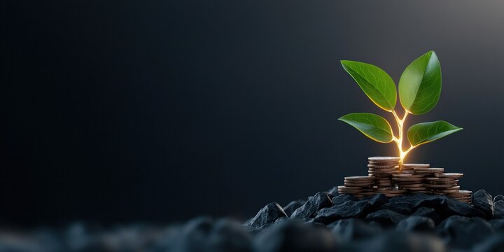 financial success freedom mindset concept. Growing plant emerging from coins on dark background.