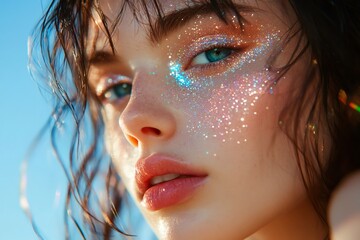 Fashion model showing glittering makeup and wet hair