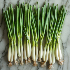 Fresh green onions on marble, food photography, cooking ingredient