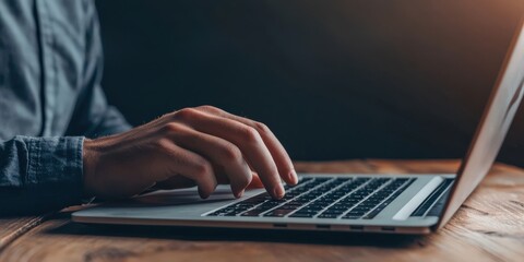 Fototapeta premium financial success freedom mindset concept. Person typing on a laptop with a warm, soft light background.