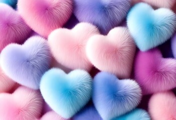 Fluffy heart shapes in soft pastel colors create a whimsical and playful scene