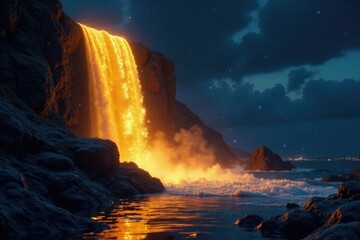 Glittering golden cascade flowing down a velvet night sky, metallic, shine