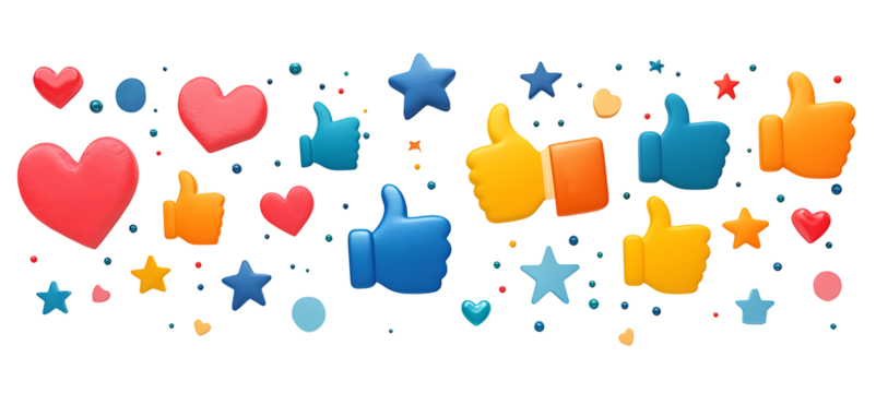 On a transparent background, colorful social media icons such as thumbs up, hearts, and stars symbolize gratitude, engagement, and connection. high resolution PNG file