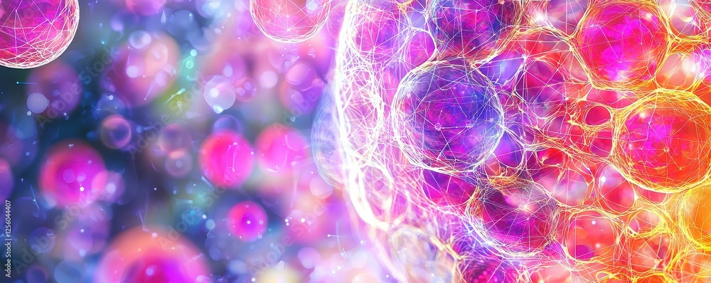 Poster a vibrant, abstract representation of cells, showcasing colorful patterns and intricate details, res