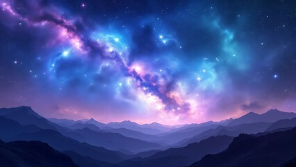 Beautiful fantasy starry night sky, blue and purple colorful, galaxy and aurora 4k wallpaper. cosmic watercolor illustration. Colorful space background with stars